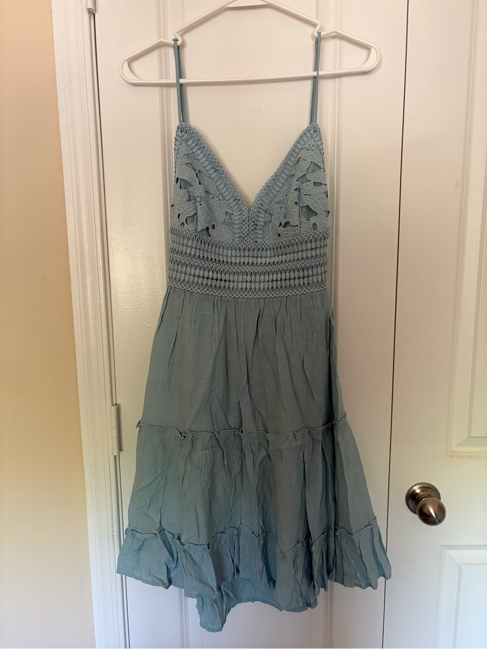 Versona Light Blue Crochet-Trim Spaghetti Strap Mini Dress